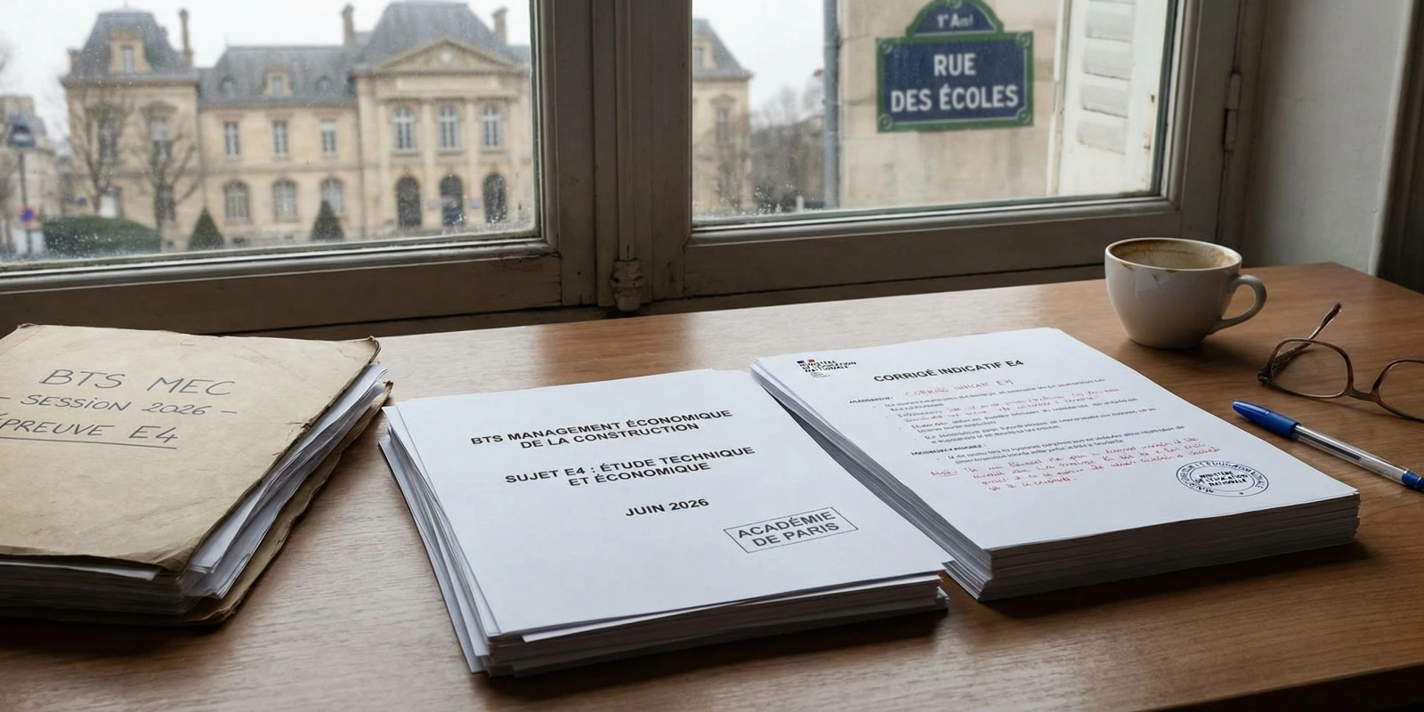 BTS MEC : Sujet et Corrigé de l'Épreuve E4 2026 Étudiant en BTS MEC analysant un dossier de projet de construction sur son bureau